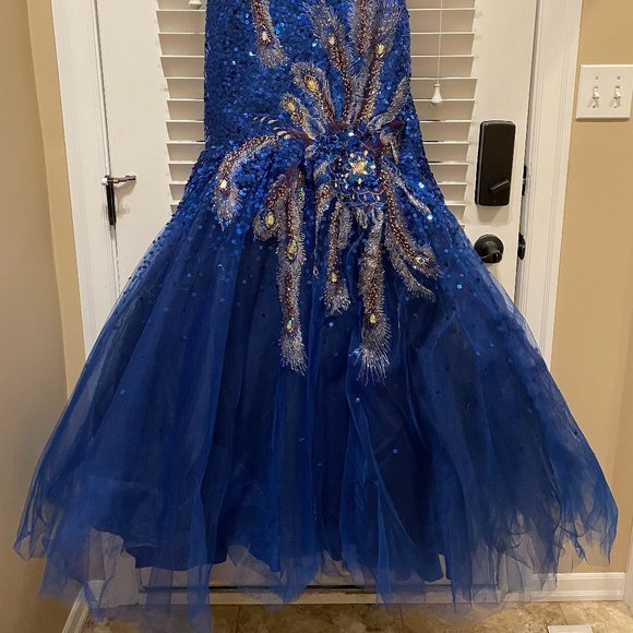 Blue Sequin Peacock Prom Dress - Picture 4 of 6
